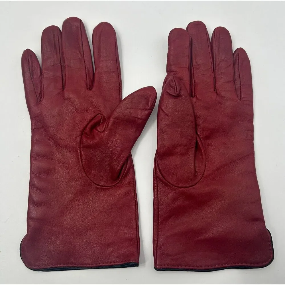 Vintage Steampunk Red Leather Cashemer Button Cuff Gauntlet Gloves Size L